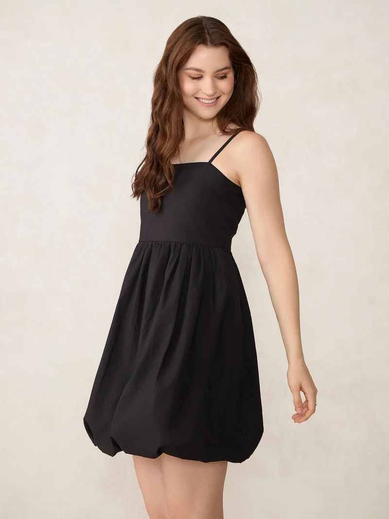 OUTZIDR Black Black Solid Bubble Hem Mini Dress for Women | Best Price UAE